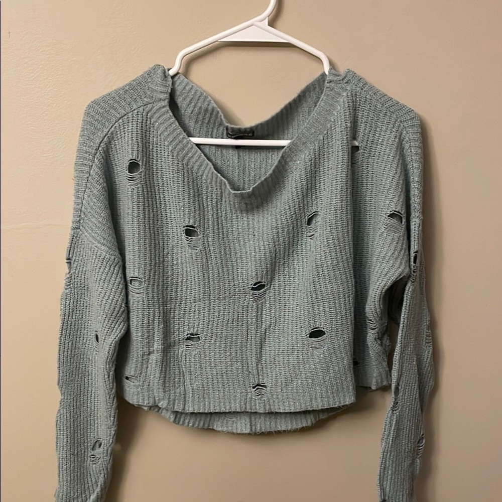 Express Distressed Long Sleeve Tee - Light Gray (Bin U)